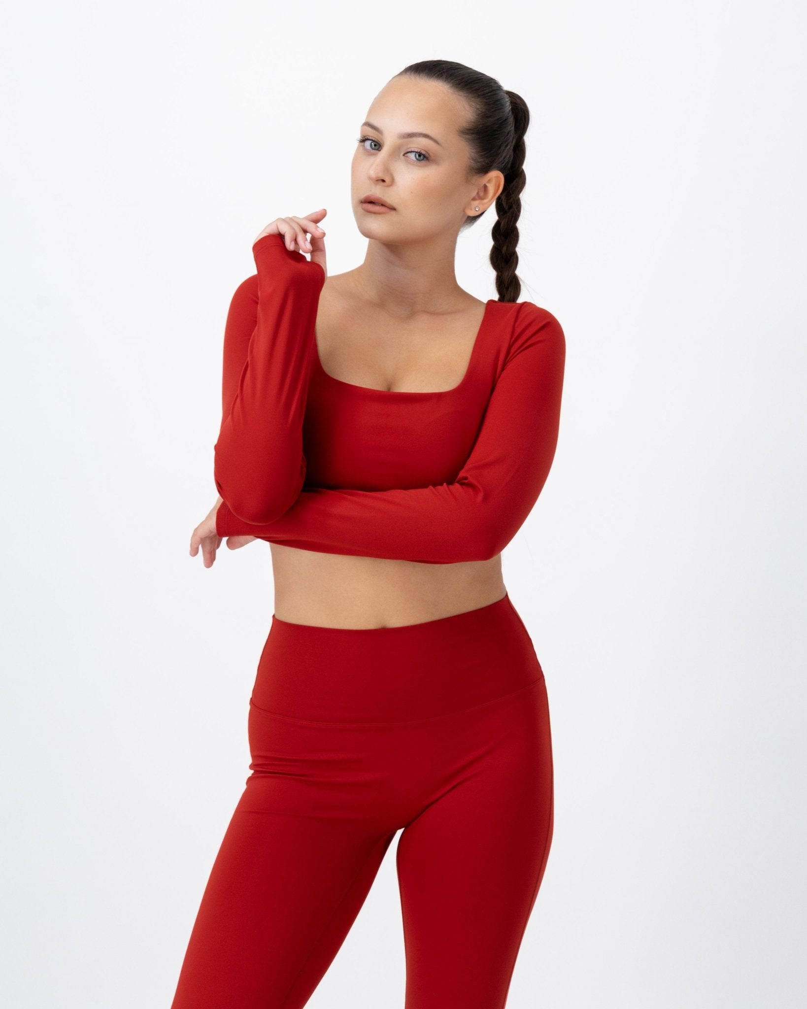 Flare Long Sleeve Crop Top | Fire Opal – women’s activewear by NAVA