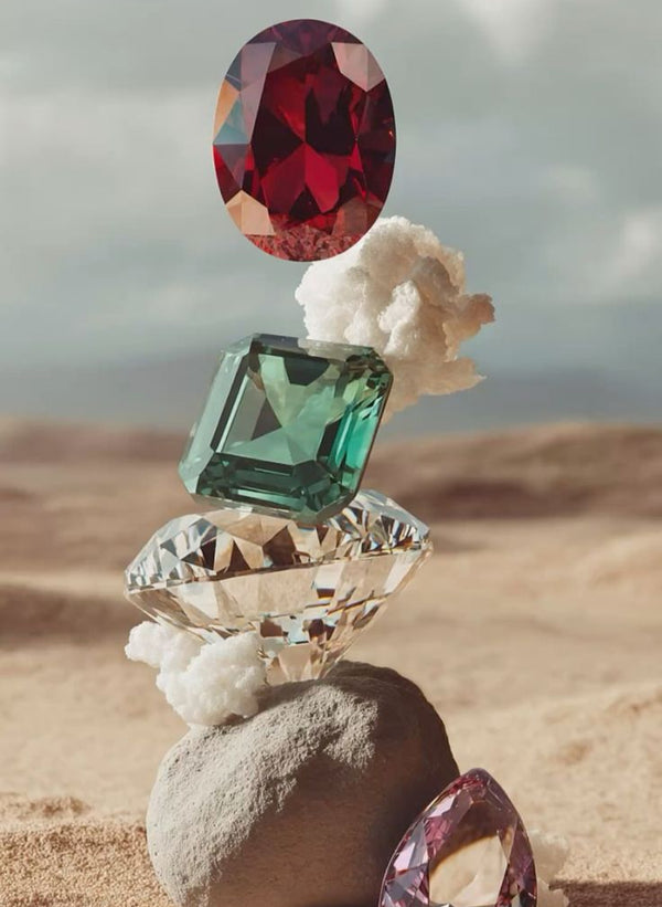 Stack of colorful gemstones on a rock with a desert background