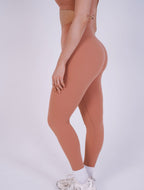 Person wearing brown leggings on a white background